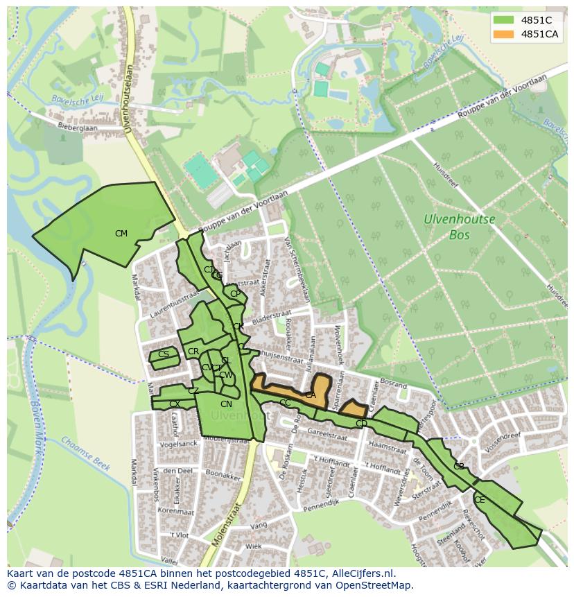 Afbeelding van het postcodegebied 4851 CA op de kaart.