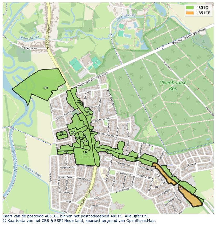 Afbeelding van het postcodegebied 4851 CE op de kaart.