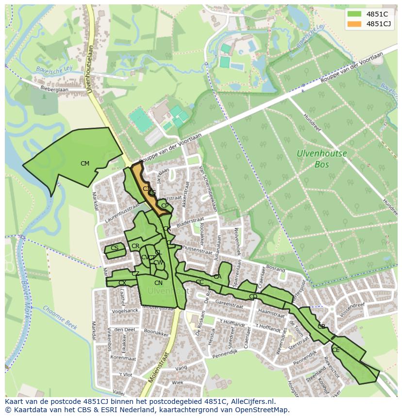 Afbeelding van het postcodegebied 4851 CJ op de kaart.