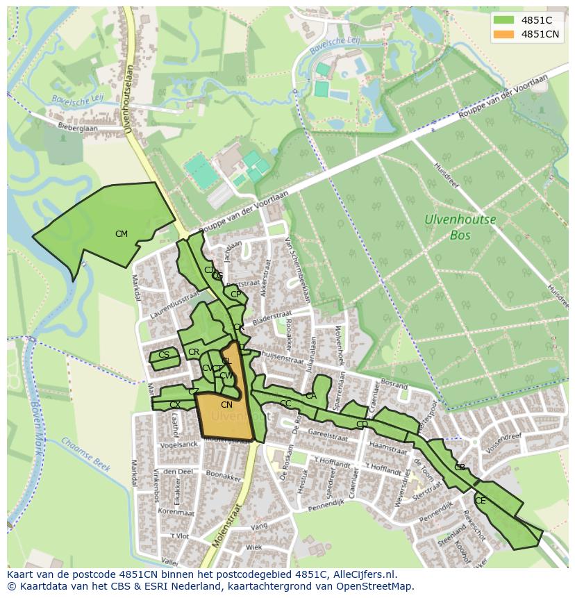 Afbeelding van het postcodegebied 4851 CN op de kaart.
