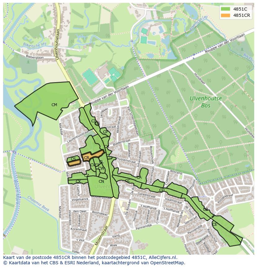 Afbeelding van het postcodegebied 4851 CR op de kaart.