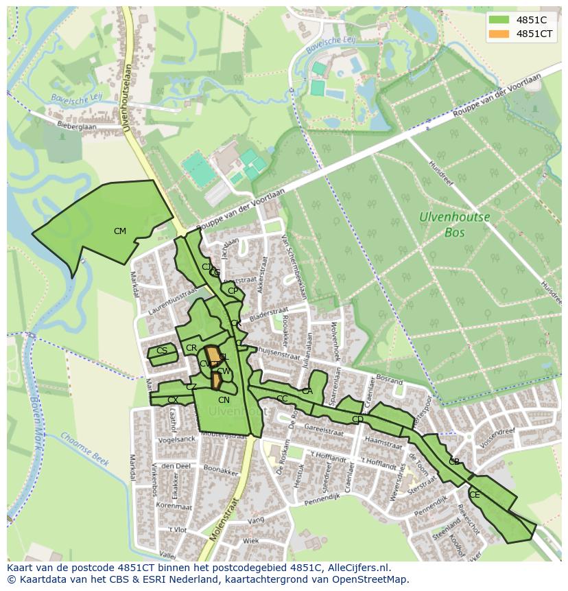 Afbeelding van het postcodegebied 4851 CT op de kaart.