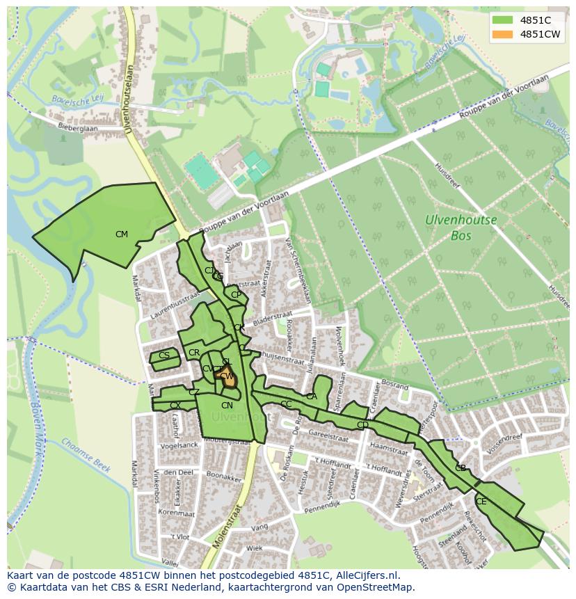 Afbeelding van het postcodegebied 4851 CW op de kaart.