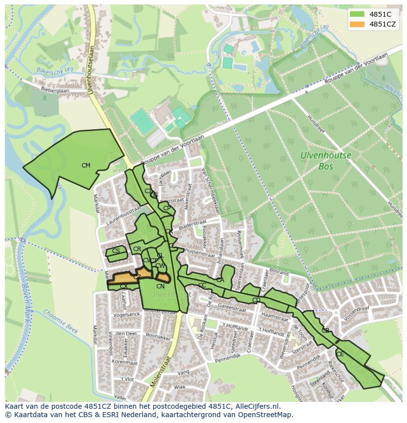 Afbeelding van het postcodegebied 4851 CZ op de kaart.