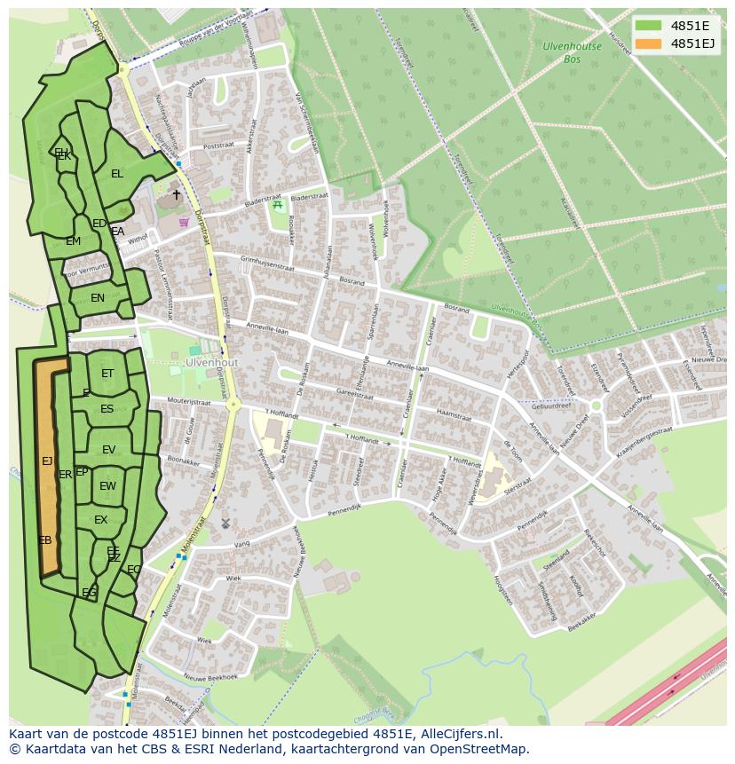 Afbeelding van het postcodegebied 4851 EJ op de kaart.