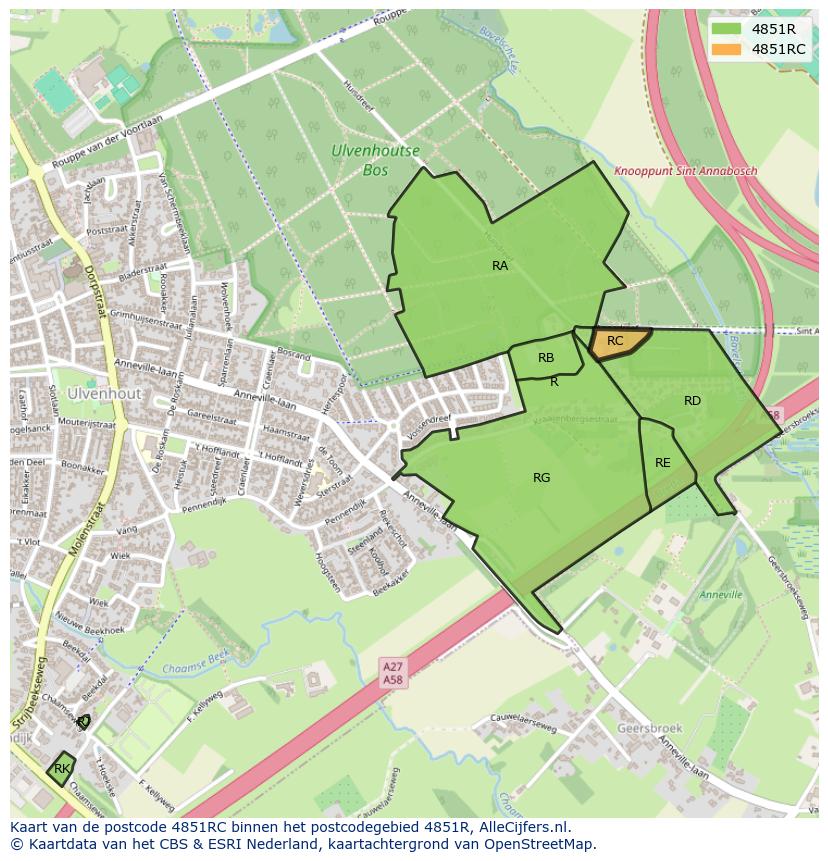 Afbeelding van het postcodegebied 4851 RC op de kaart.