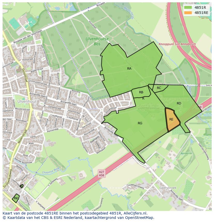 Afbeelding van het postcodegebied 4851 RE op de kaart.