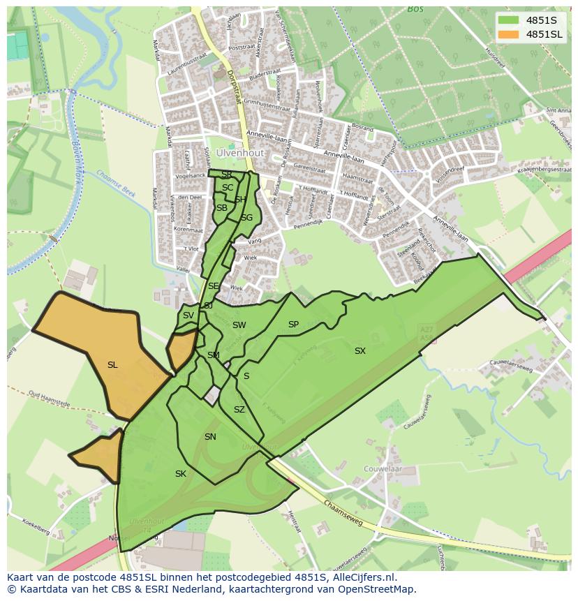 Afbeelding van het postcodegebied 4851 SL op de kaart.