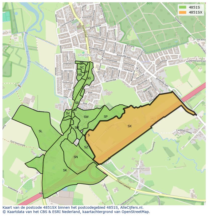 Afbeelding van het postcodegebied 4851 SX op de kaart.