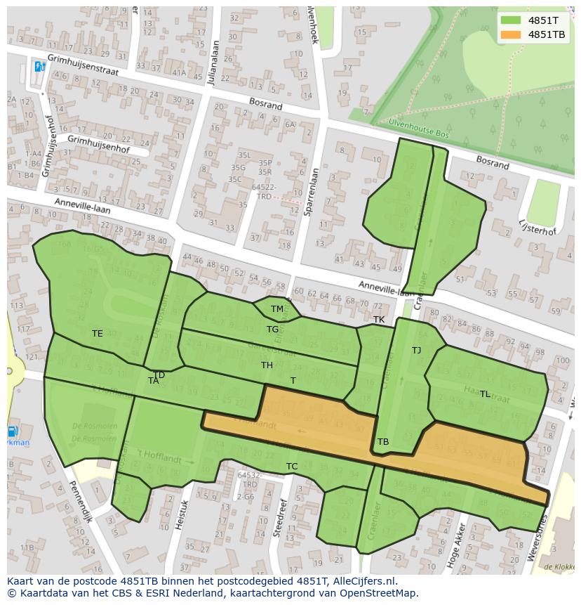 Afbeelding van het postcodegebied 4851 TB op de kaart.