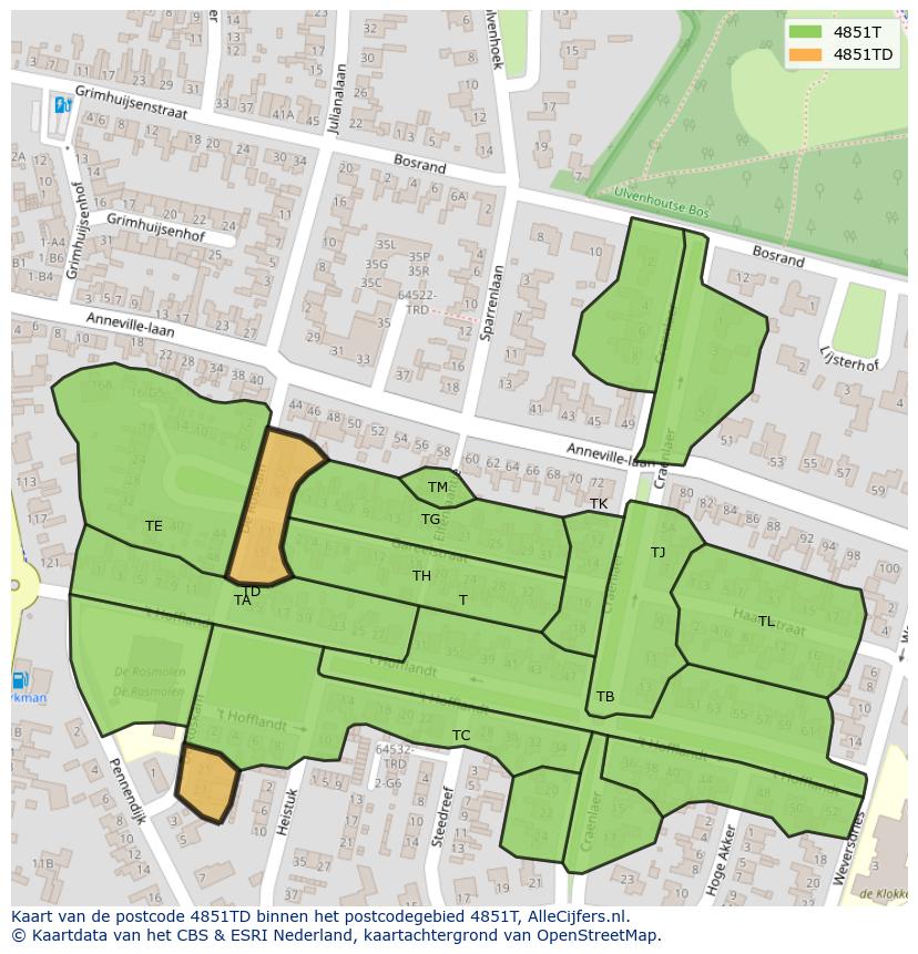 Afbeelding van het postcodegebied 4851 TD op de kaart.