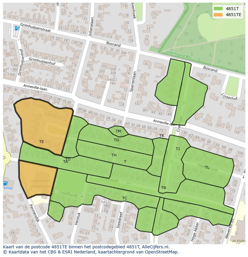 Afbeelding van het postcodegebied 4851 TE op de kaart.