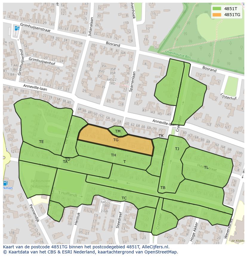 Afbeelding van het postcodegebied 4851 TG op de kaart.