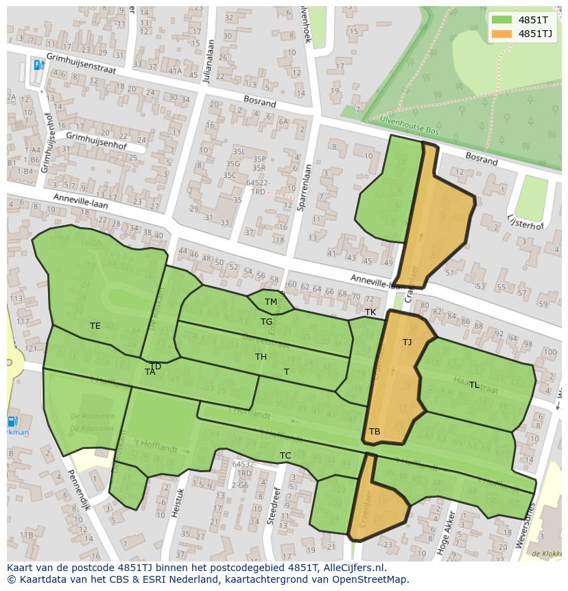 Afbeelding van het postcodegebied 4851 TJ op de kaart.