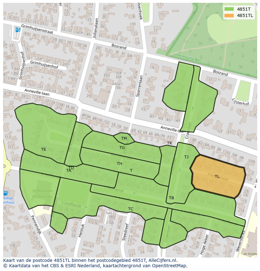 Afbeelding van het postcodegebied 4851 TL op de kaart.