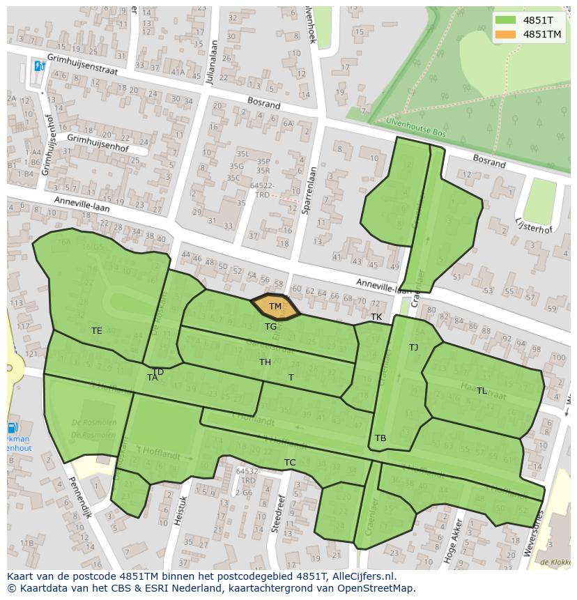 Afbeelding van het postcodegebied 4851 TM op de kaart.