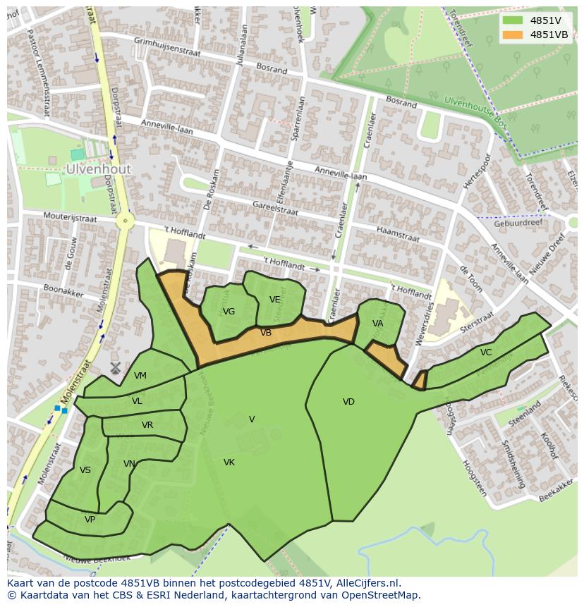 Afbeelding van het postcodegebied 4851 VB op de kaart.