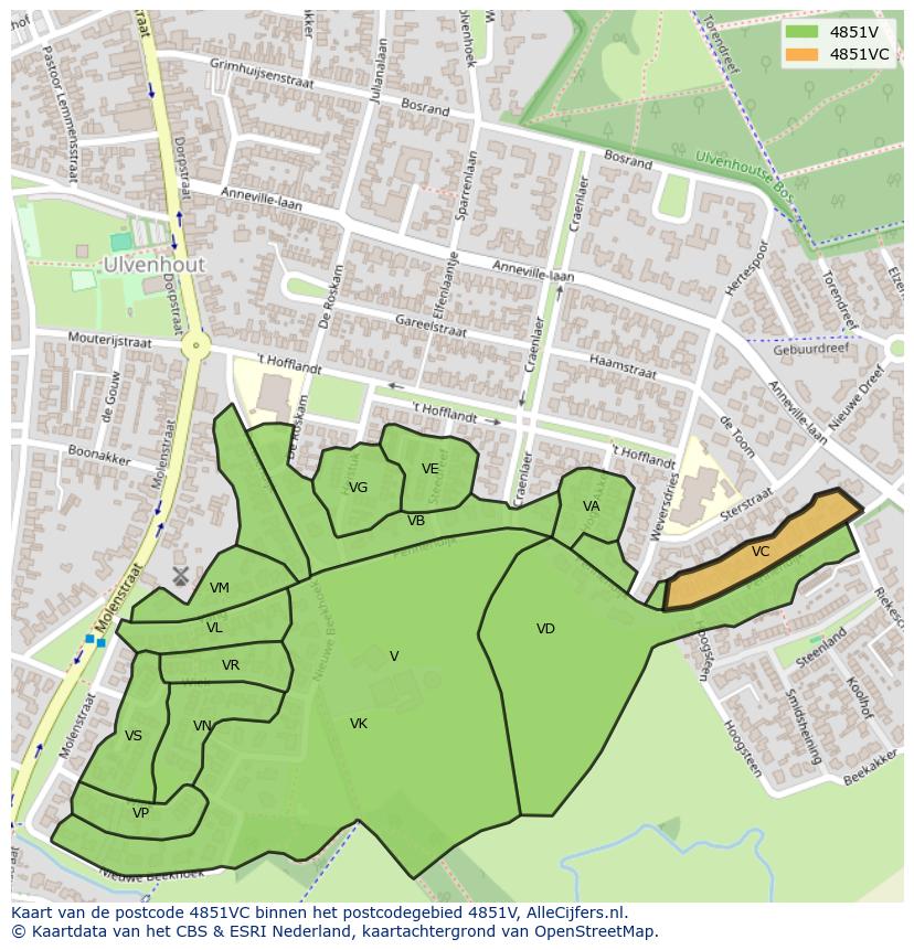 Afbeelding van het postcodegebied 4851 VC op de kaart.
