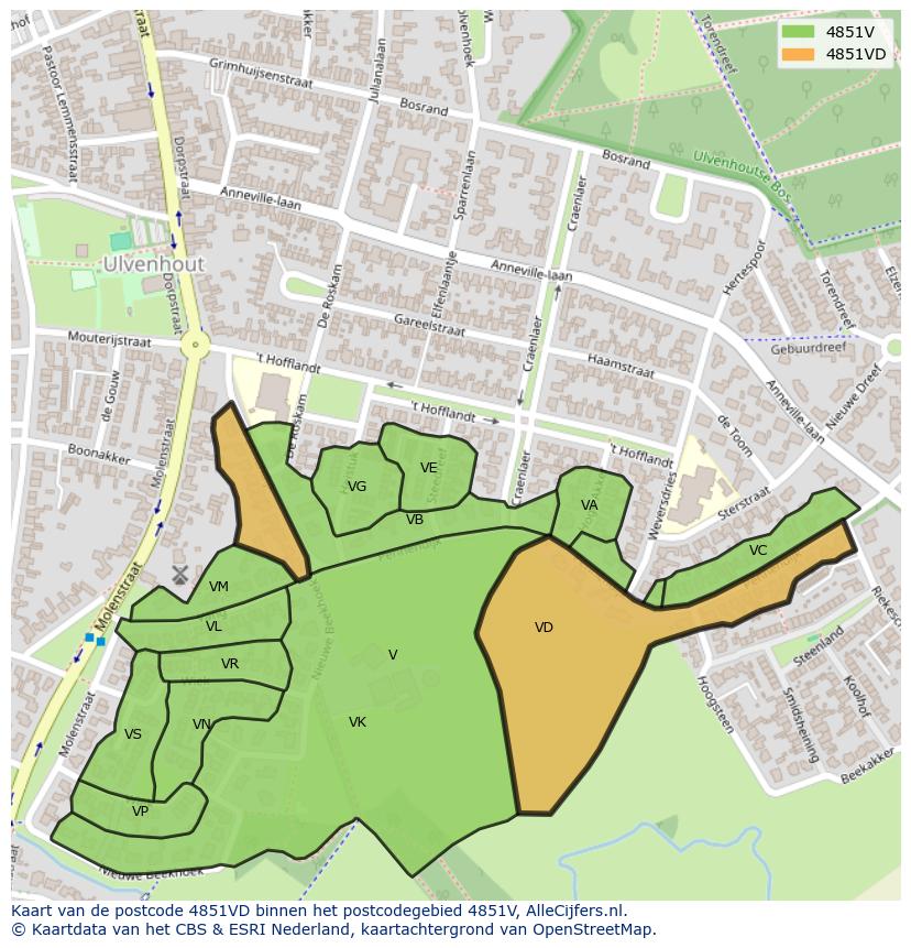Afbeelding van het postcodegebied 4851 VD op de kaart.