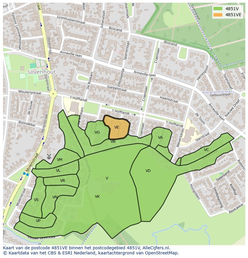 Afbeelding van het postcodegebied 4851 VE op de kaart.
