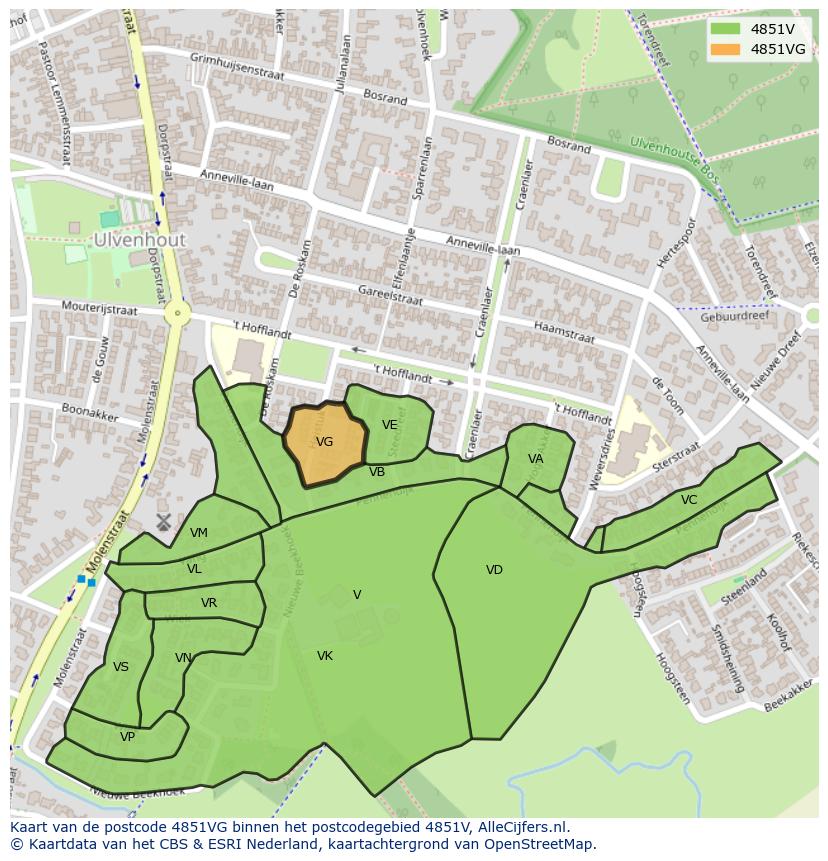 Afbeelding van het postcodegebied 4851 VG op de kaart.