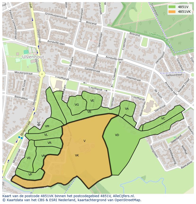 Afbeelding van het postcodegebied 4851 VK op de kaart.