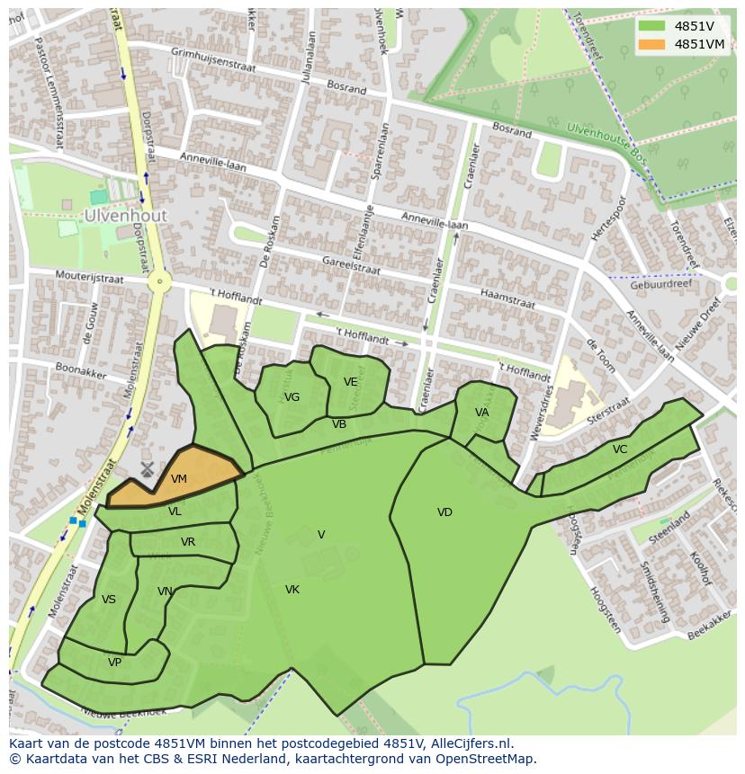 Afbeelding van het postcodegebied 4851 VM op de kaart.