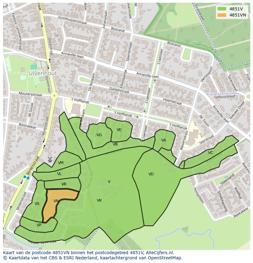 Afbeelding van het postcodegebied 4851 VN op de kaart.
