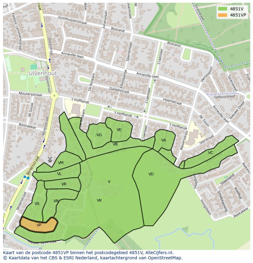 Afbeelding van het postcodegebied 4851 VP op de kaart.