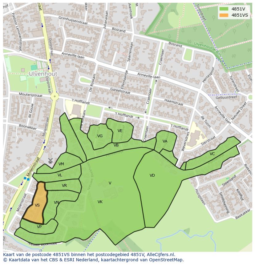 Afbeelding van het postcodegebied 4851 VS op de kaart.