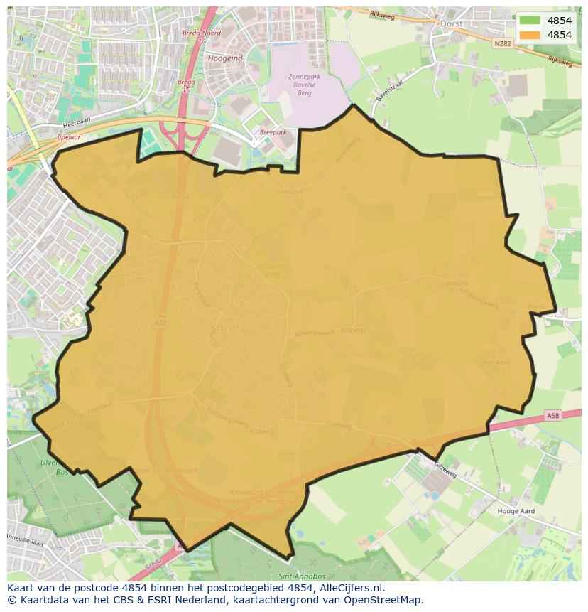 Afbeelding van het postcodegebied 4854 op de kaart.