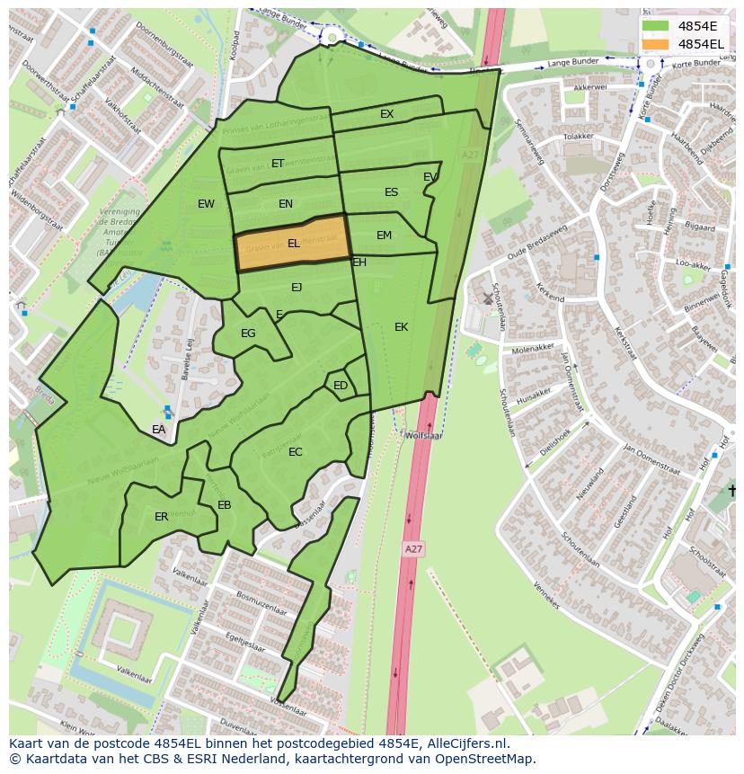 Afbeelding van het postcodegebied 4854 EL op de kaart.