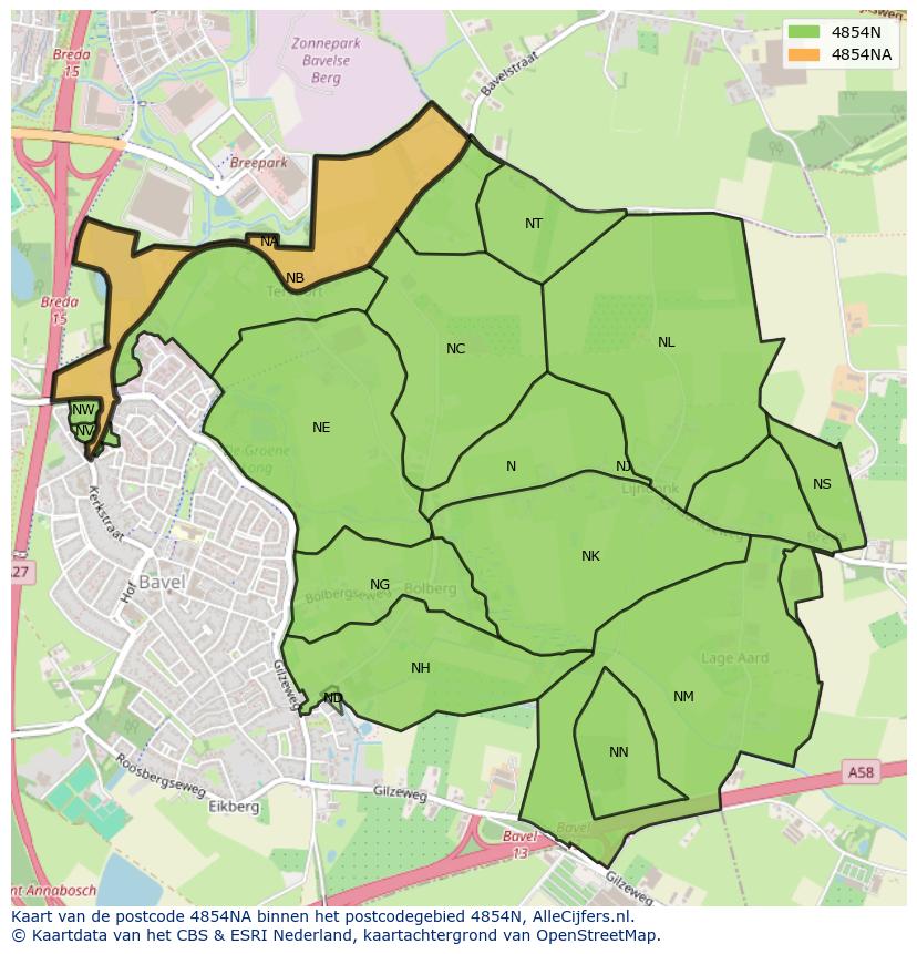 Afbeelding van het postcodegebied 4854 NA op de kaart.