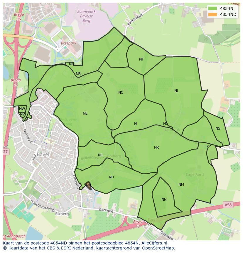Afbeelding van het postcodegebied 4854 ND op de kaart.