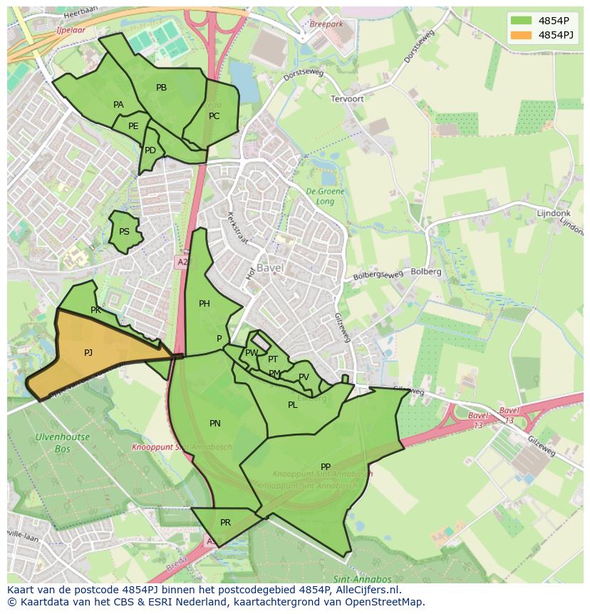 Afbeelding van het postcodegebied 4854 PJ op de kaart.