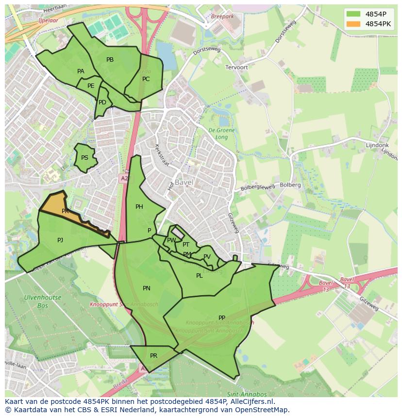 Afbeelding van het postcodegebied 4854 PK op de kaart.