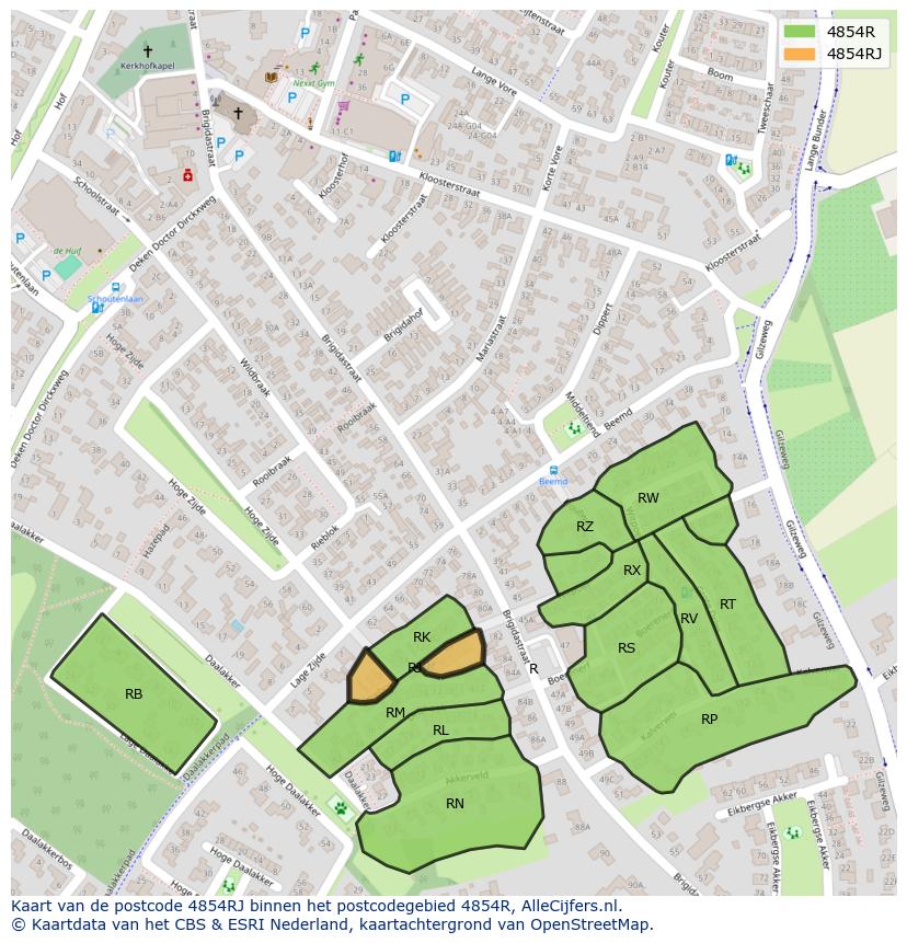 Afbeelding van het postcodegebied 4854 RJ op de kaart.