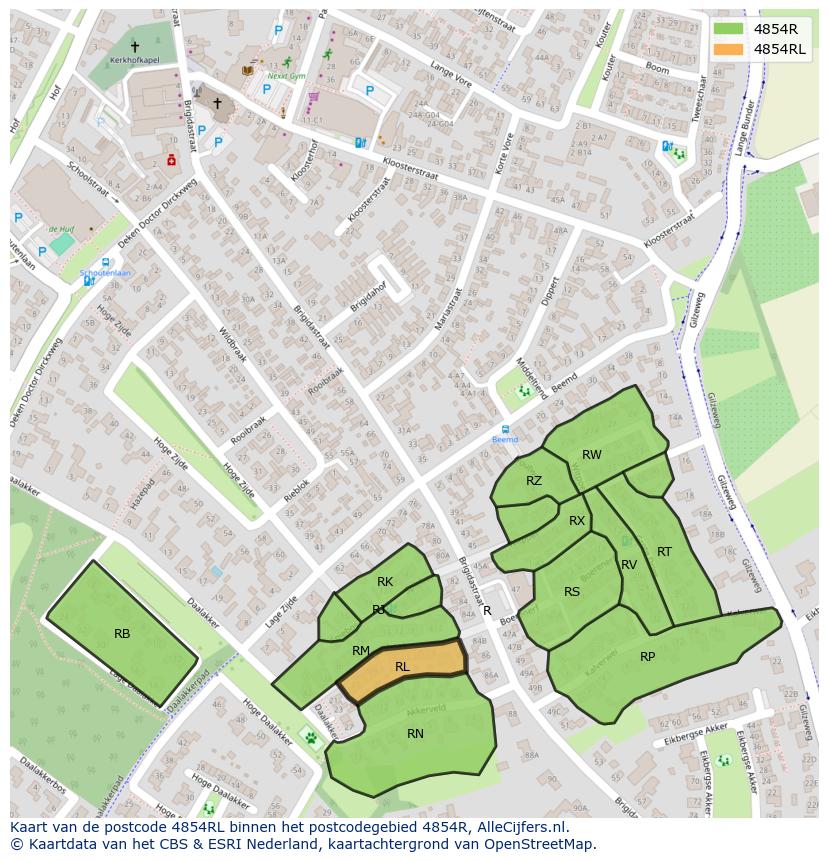 Afbeelding van het postcodegebied 4854 RL op de kaart.