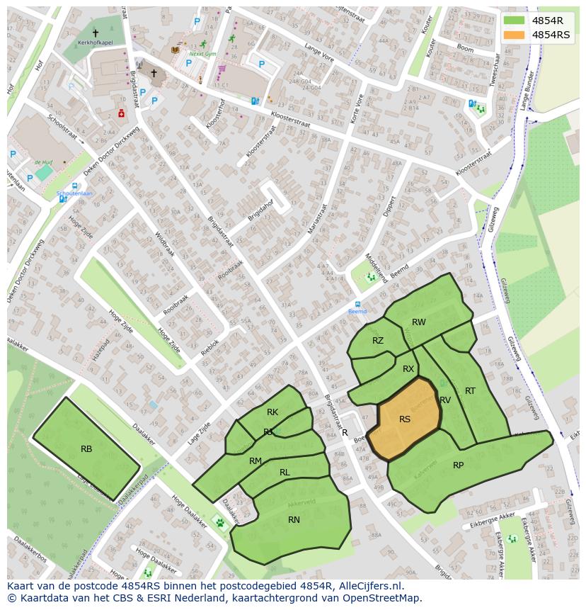 Afbeelding van het postcodegebied 4854 RS op de kaart.