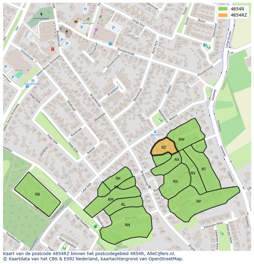 Afbeelding van het postcodegebied 4854 RZ op de kaart.