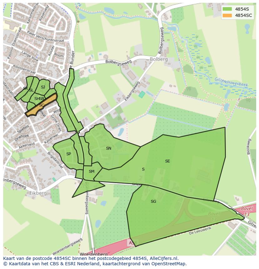 Afbeelding van het postcodegebied 4854 SC op de kaart.