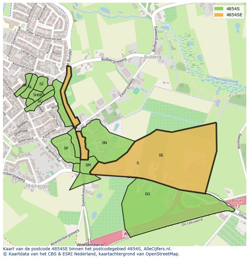 Afbeelding van het postcodegebied 4854 SE op de kaart.