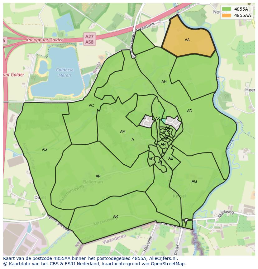 Afbeelding van het postcodegebied 4855 AA op de kaart.