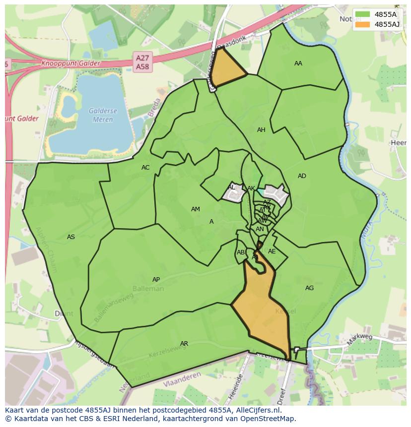 Afbeelding van het postcodegebied 4855 AJ op de kaart.