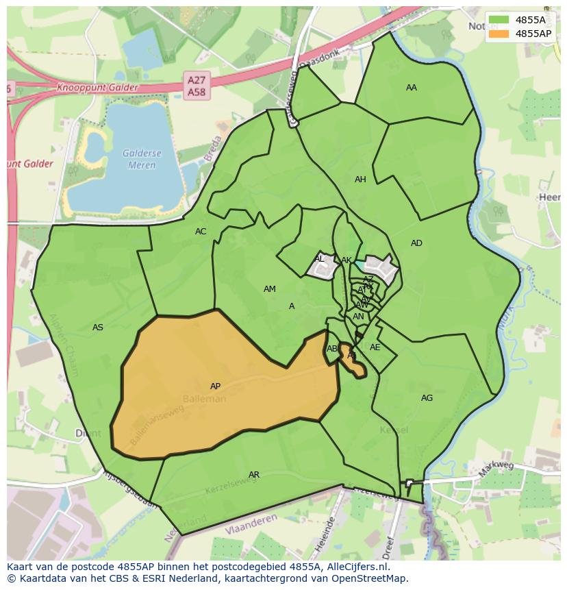 Afbeelding van het postcodegebied 4855 AP op de kaart.