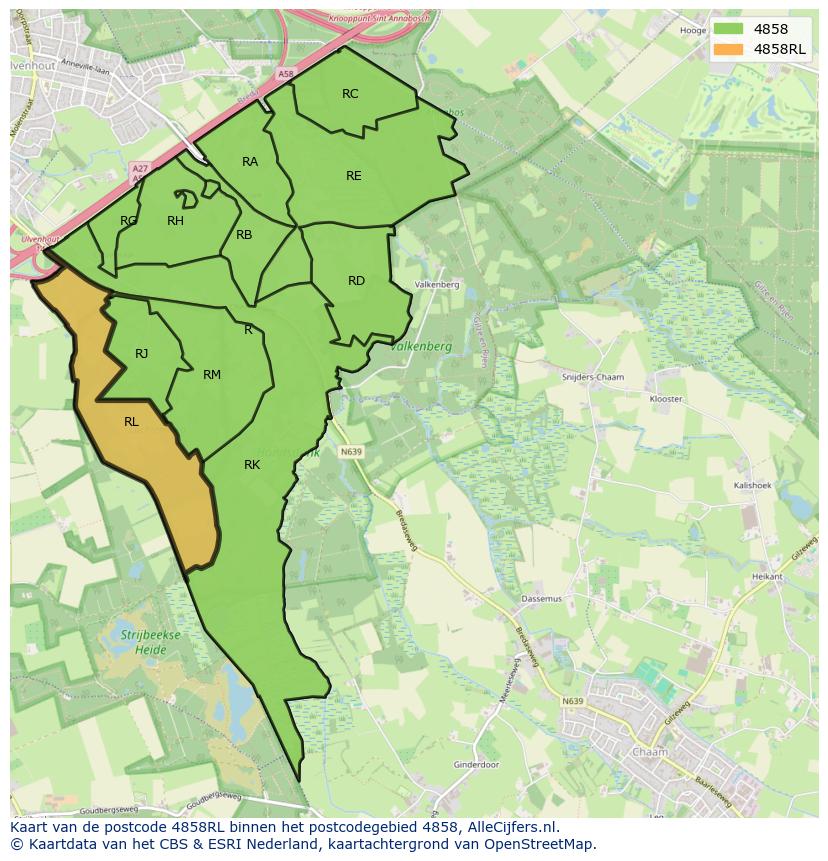 Afbeelding van het postcodegebied 4858 RL op de kaart.