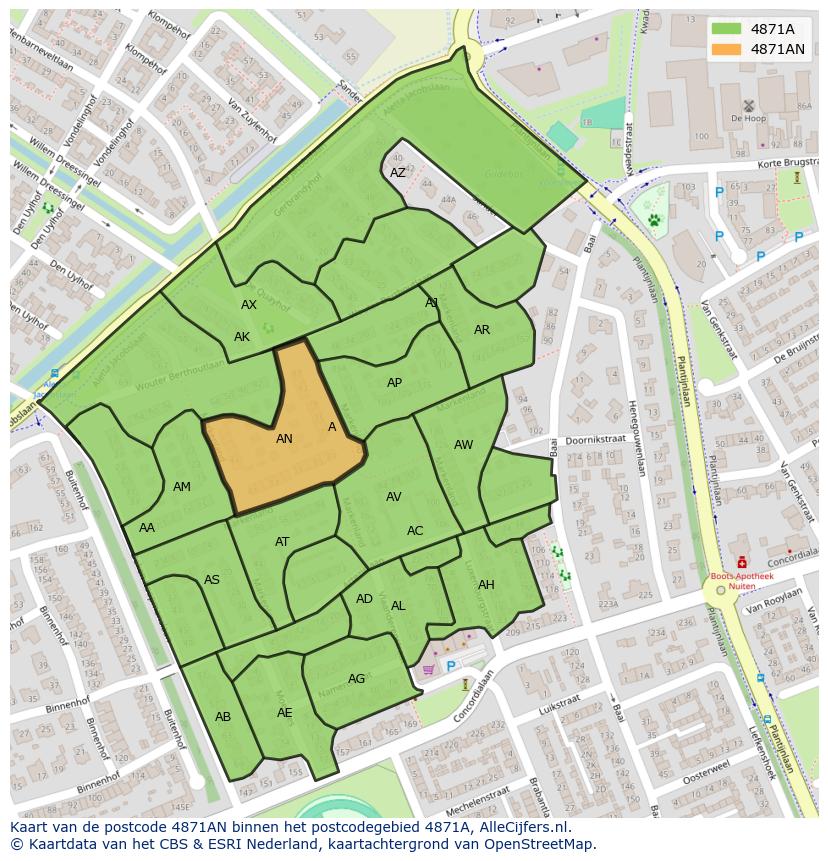 Afbeelding van het postcodegebied 4871 AN op de kaart.