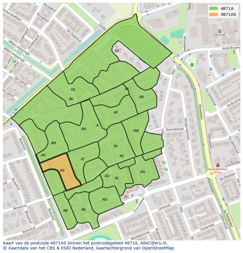Afbeelding van het postcodegebied 4871 AS op de kaart.