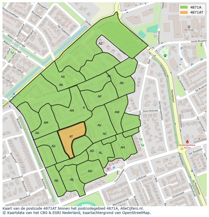 Afbeelding van het postcodegebied 4871 AT op de kaart.