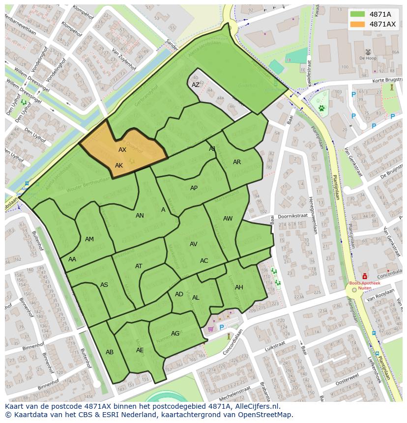 Afbeelding van het postcodegebied 4871 AX op de kaart.